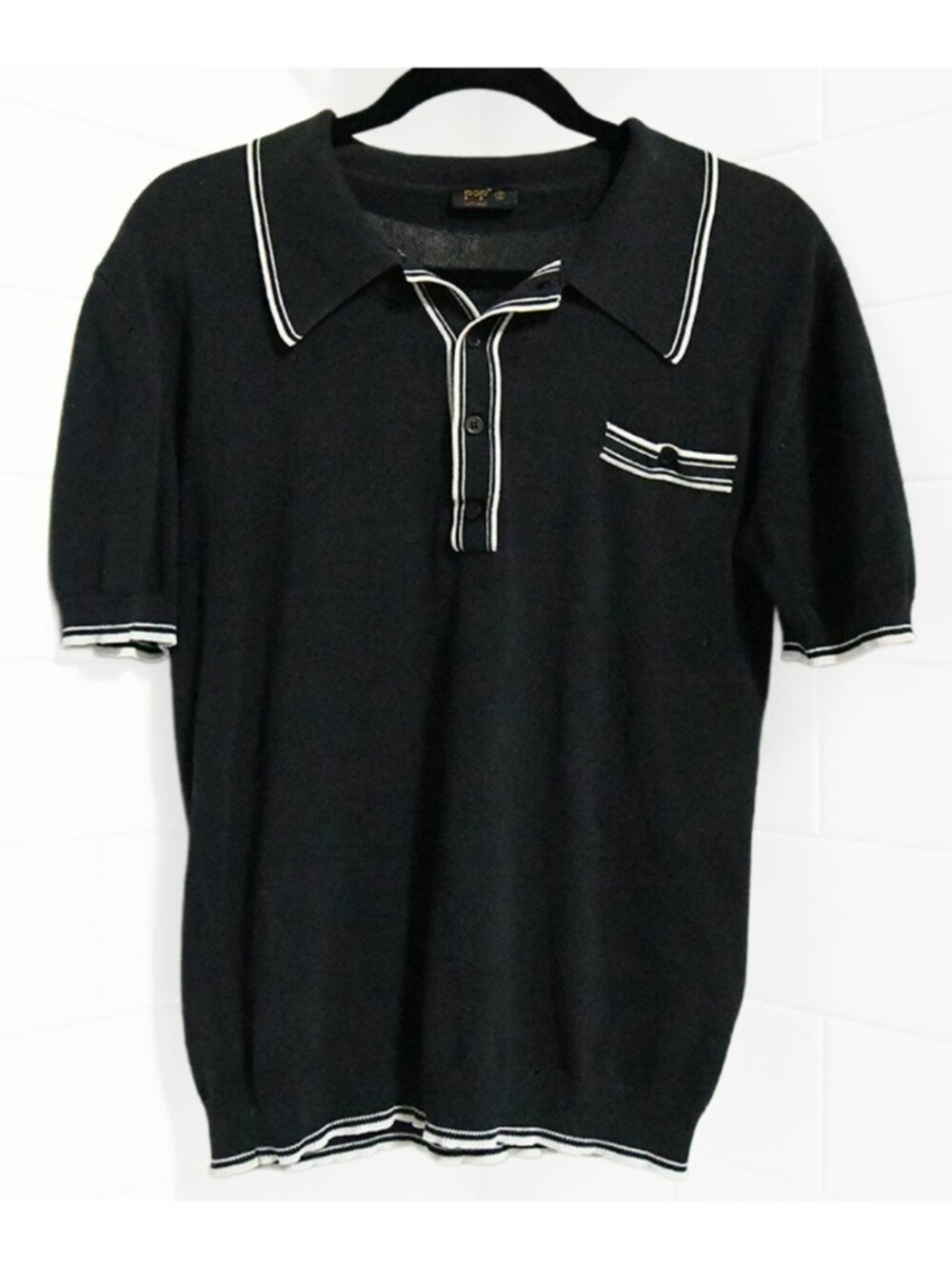 VTG Pop England Black Contrast Tipped Retro Polo Shirt Size Small